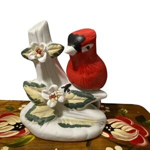 Vintage Cardinal Bird Figurine Tree Branch White Flowers Ceramic Christmas decor